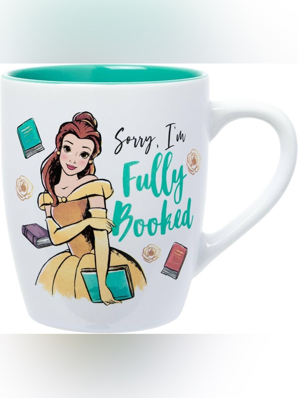 Disney Belle White Ceramic Mug with Teal Interior and Teal Lettering